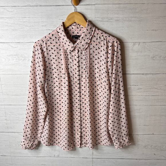 Talbots Blouse Womens Size Large Pink & Black Butterfly Bird Pintuck Peter Pan - Picture 4 of 16